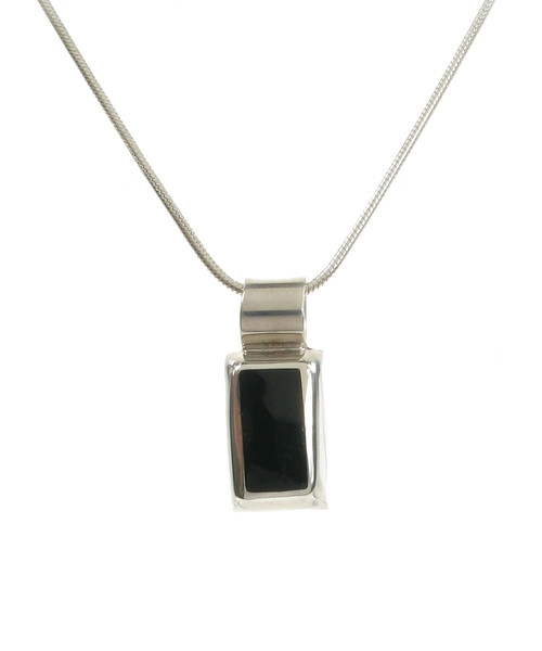 Sterling Silver Rectangled Black Agate Pendant with 16 - 18" Silver Chain