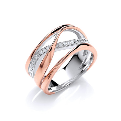 Silver, Rose Gold and CZ Wide Strand Ring