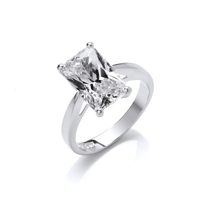 Silver and Emerald Cut Cubic Zirconia Solitaire Ring