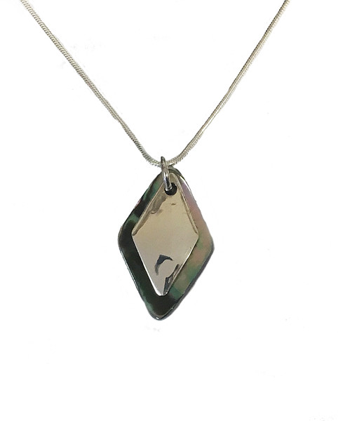 Silver abalone shell diamond pendant with 16-18 silver chain