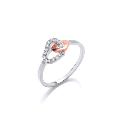 Silver, Rose Gold & Cubic Zirconia Linked Heart Ring
