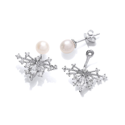 Deco Style Cubic Zirconia and Pearl Butterfly Jacket Earrings