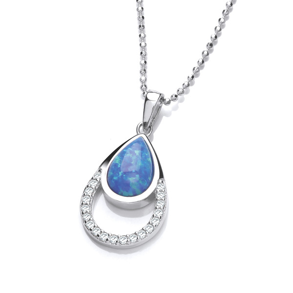 Silver, CZ and Blue Opalique Teardrop Pendant without Chain
