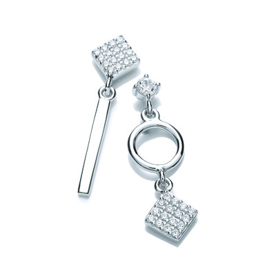 Silver & Cubic Zirconia Mismatch Square Drop Earrings