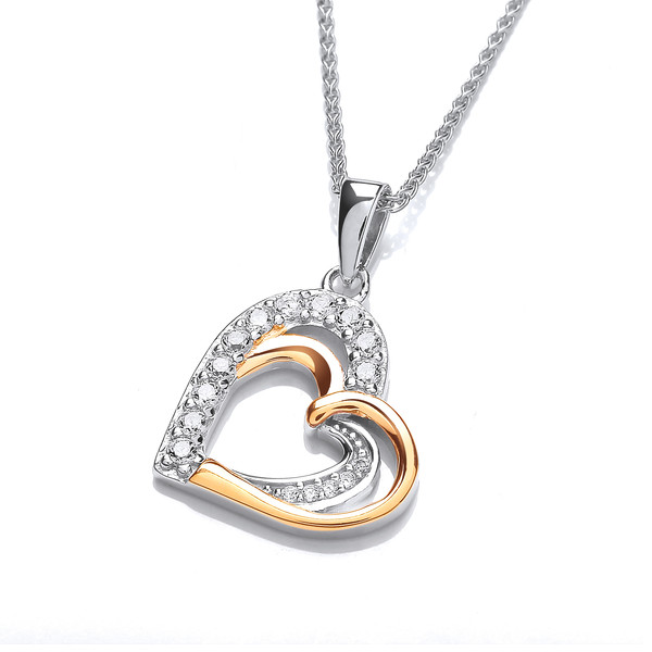 Silver, CZ and Gold Vermeil Double Heart Pendant without Chain