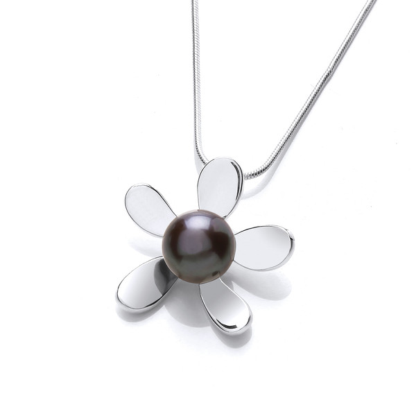 Sterling Silver and Black Pearl Daisy Pendant without Chain