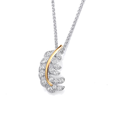 Silver, Gold & Cubic Zirconia Feather Pendant