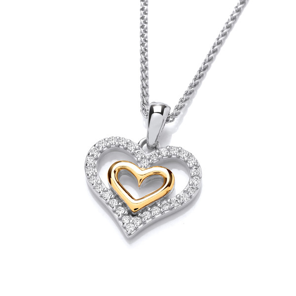 Silver, Gold & Cubic Zirconia Double Heart Pendant with 16-18 Silver Chain