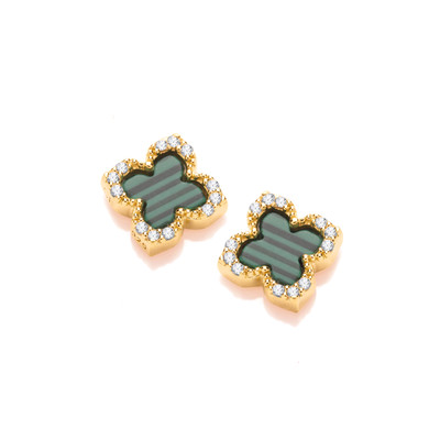 Silver, Gold & Formed Malachite Vintage Style Clover Earrings