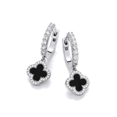 Silver & Black Enamel Clover Leaf Huggie Earrings