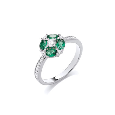 Silver & Emerald Cubic Zirconia Vintage Clover Ring