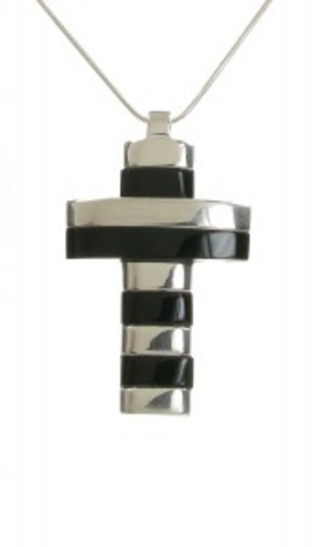 Sterling Silver and Resin Deco Cross Pendant with 16 - 18" Silver Chain