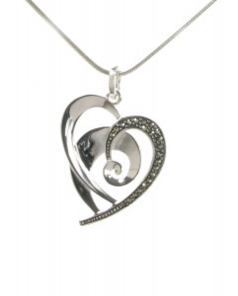 Sterling Silver and Marcasite Flourish Heart Pendant with 16 - 18" Silver Chain