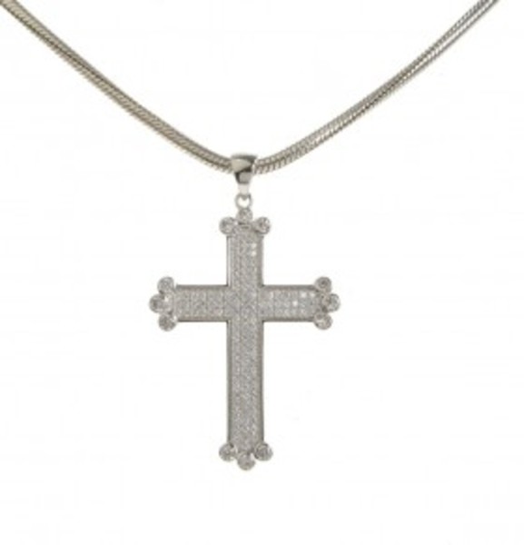 CZ and Sterling Silver Large Ornate Cross Pendant with 18 - 20" Silver Chain