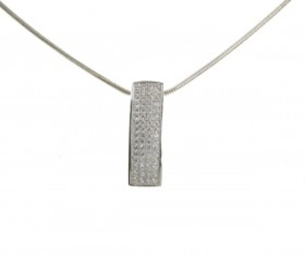 Sterling Silver and CZ Convex Ingot Pendant with 16 - 18" Silver Chain