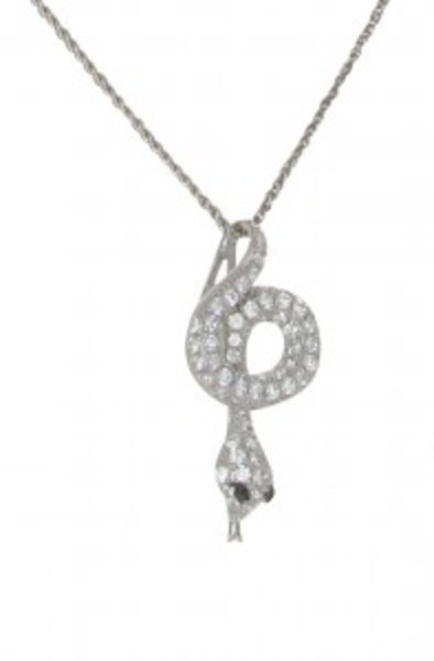 Silver and CZ Forked Tongue Snake Pendant with 16 - 18" Silver Chain