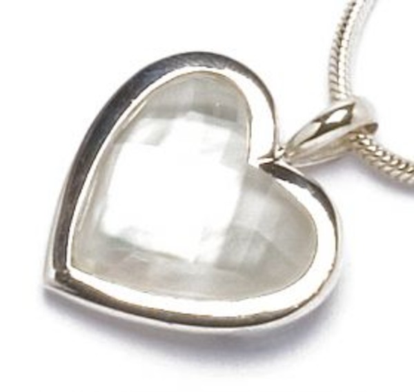 Sterling Silver, White Mother of Pearl and Crystal Heart Pendant without Chain