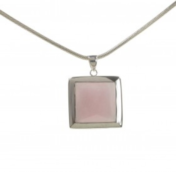 Sterling Silver and Rose Quartz Square Framed Pendant with 16 - 18" Silver Chain