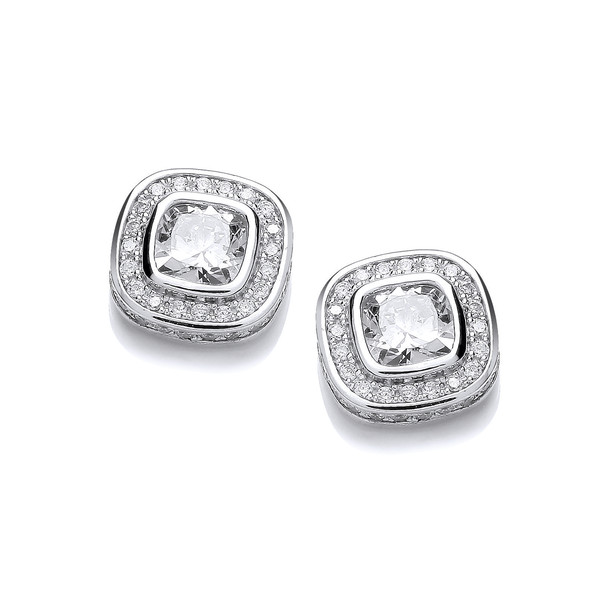 Simple Silver and Cubic Zirconia Square Stud Earrings