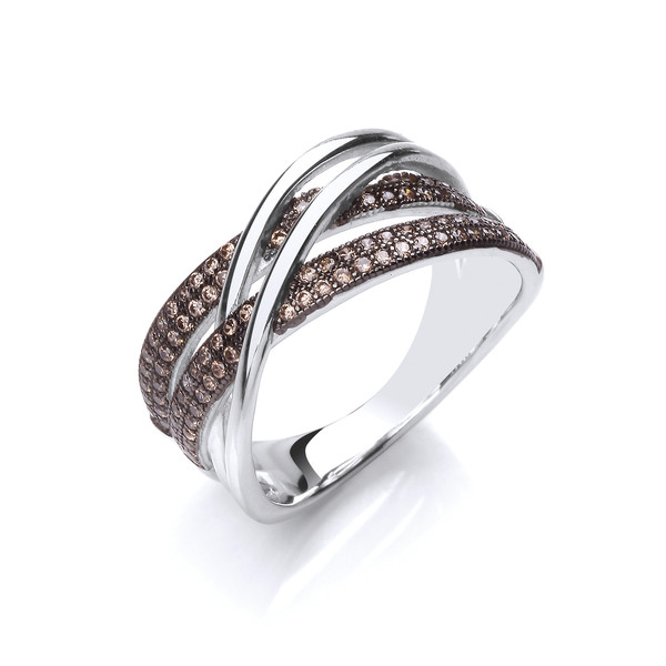 Silver and Coffee Cubic Zirconia Strand Ring