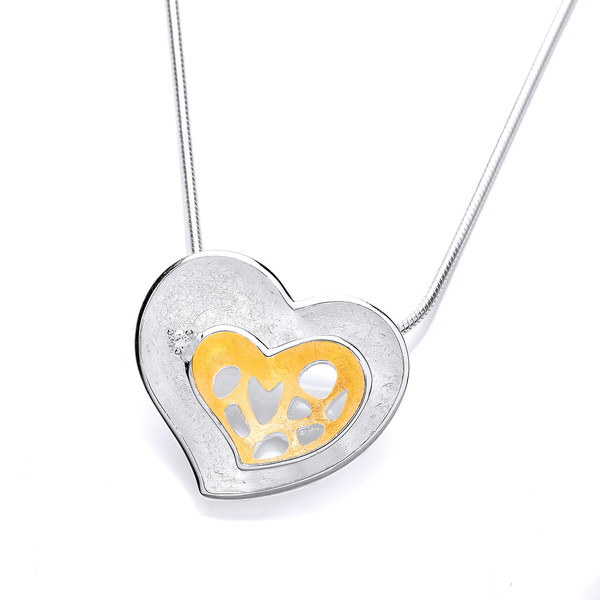 Gold Vermeil and Brushed Silver Double Heart Pendant with 16 - 18" Silver Chain