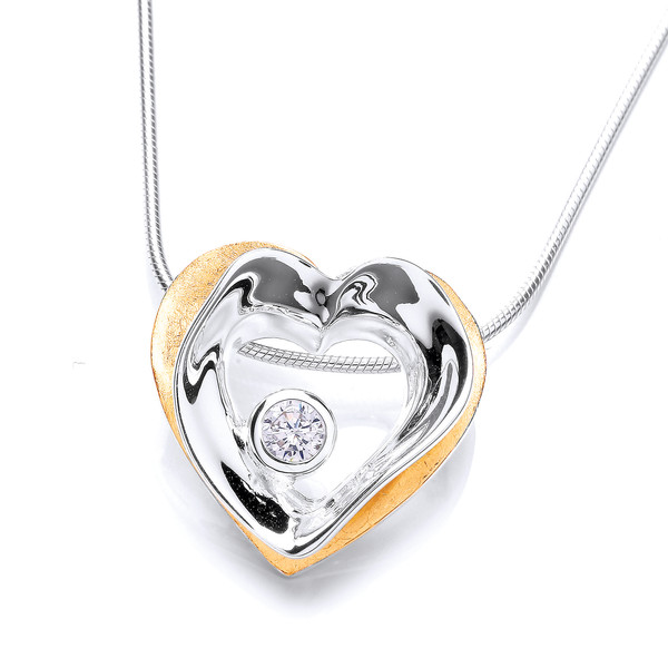 Modern Gold Vermeil and Silver Heart Drop Pendant with 16 - 18" Silver Chain