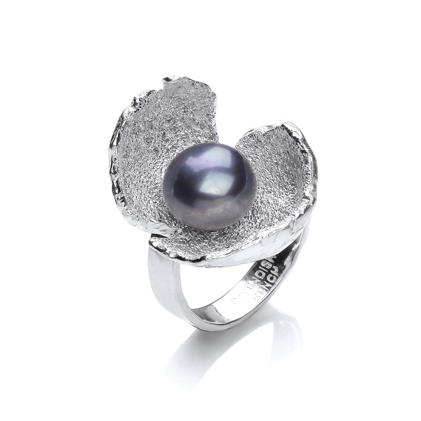 Black Pearl and Silver Crocus Ring