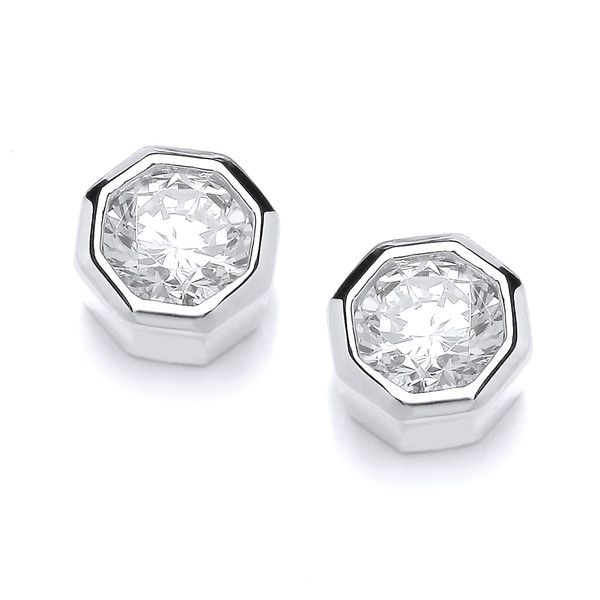 Silver and Cubic Zirconia Octagonal Stud Earrings