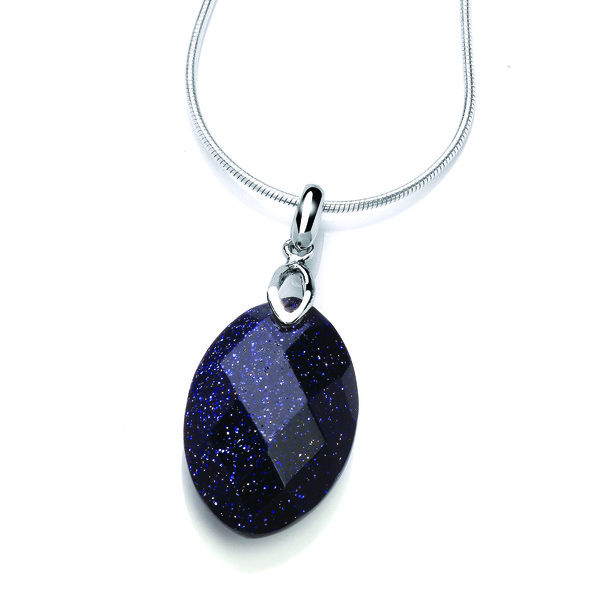 Blue Sandstone Oval Drop Pendant with 16-18 silver chain