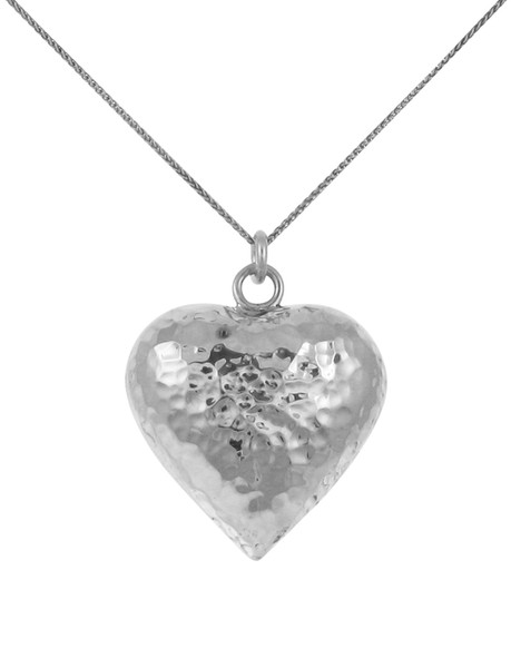 Silver Puffed and Hammered Heart Pendant with 16 - 18" Silver Chain