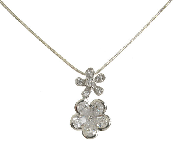 Double CZ and Sterling Silver Blossom Pendant with 16 - 18" Silver Chain