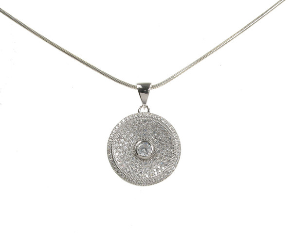 Sterling Silver and CZ Concave Dish Pendant with 16 - 18" Silver Chain