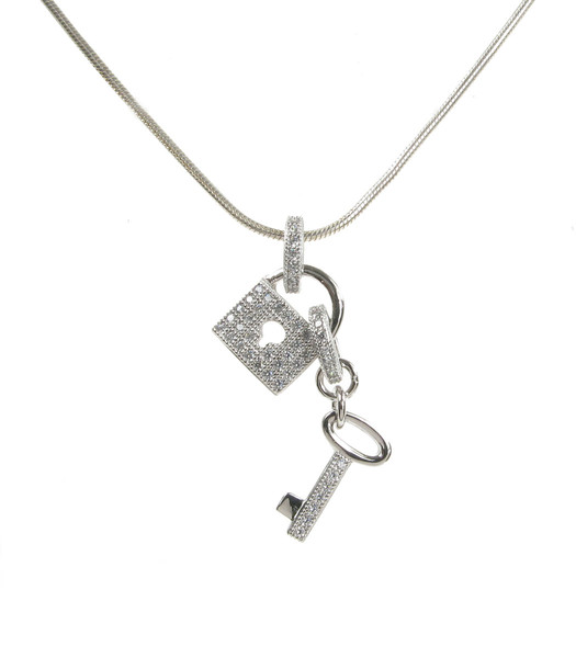 CZ Padlock and Key Sterling Silver Pendant without Chain