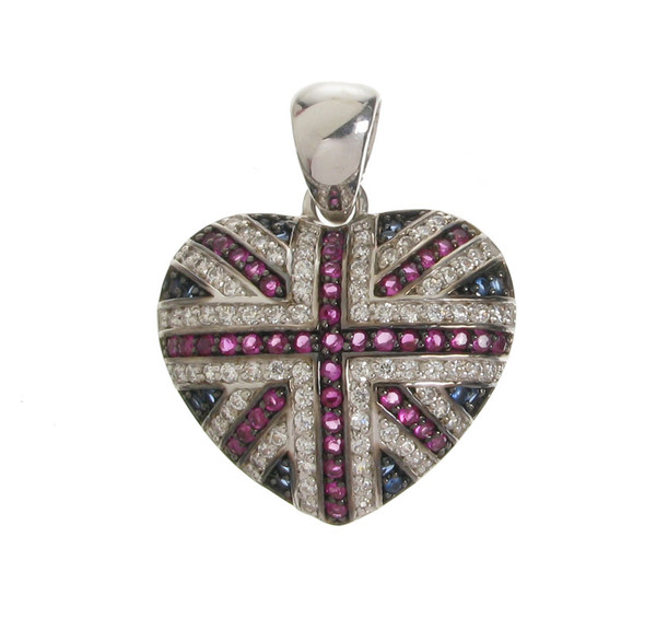 Silver and CZ Union Jack Heart Pendant with 16 - 18" Silver Chain