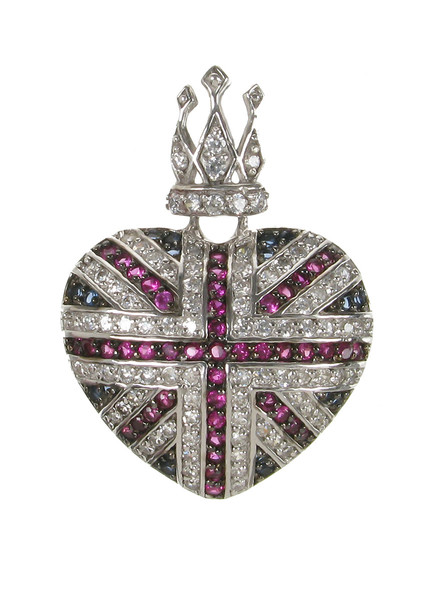 CZ and Silver Union Jack Crowned Heart Pendant with 16 - 18" Silver Chain