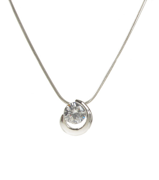 Silver and CZ Solitaire Pendant with 16 - 18" Silver Chain