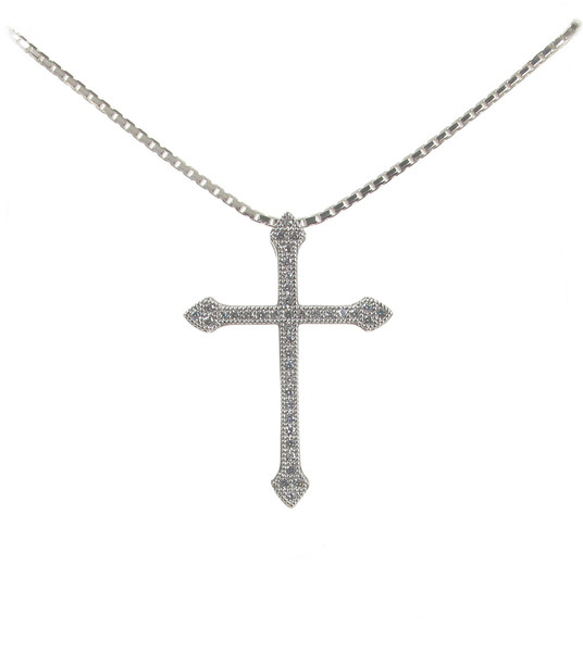 Elegant CZ and Silver Cross Pendant with 16 - 18" Silver Chain