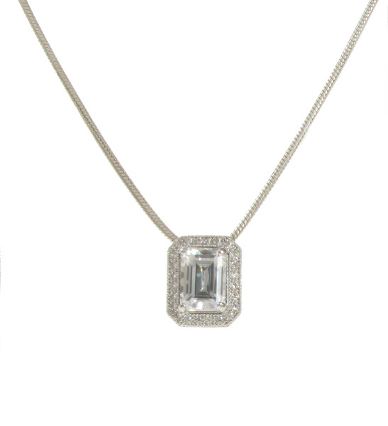 Delightfully Deco Silver and CZ Solitaire Pendant with 16 - 18" Silver Chain