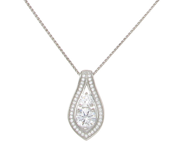 CZ Solitaire Teardrop Pendant with 16 - 18" Silver Chain