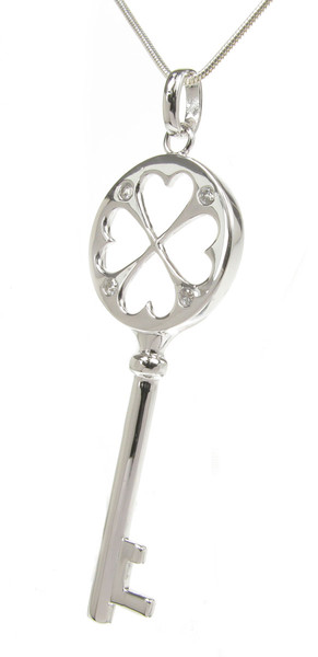 Silver and CZ clover leaf key pendant G1588