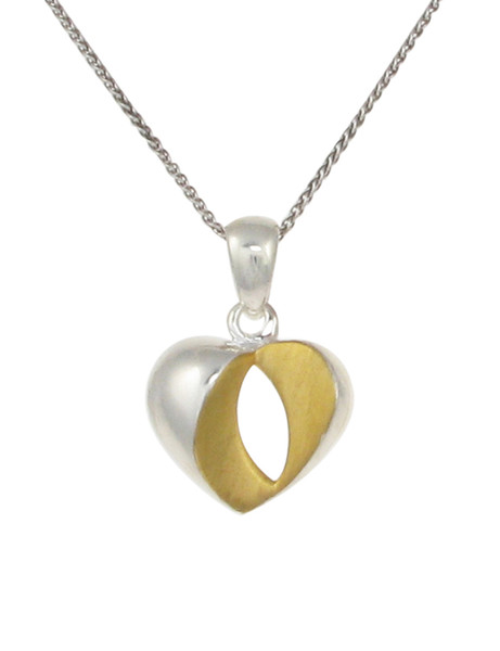 Silver and gold vermeil drop heart pendant with 16 - 18" Silver Chain