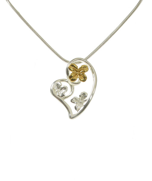 Silver and Gold Hearts and Flowers Pendant with 16 - 18" Silver Chain