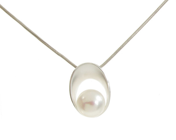 Sterling Silver Pearl in a Brushed Oval Pendant without Chain