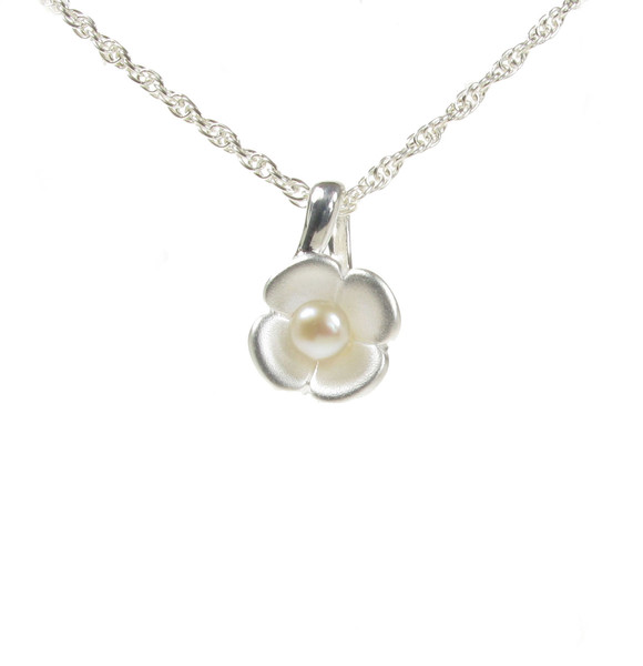 Silver Petals and Pearl Pendant with 16 - 18" Silver Chain