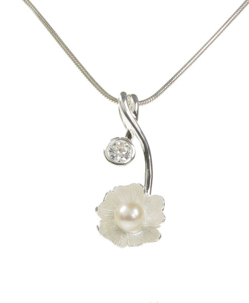 Sand Brushed Silver Flower with Pearl Pendant with 16 - 18" Silver Chain