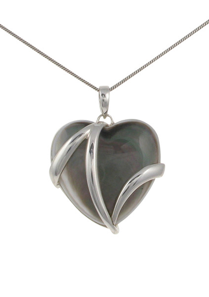 Sterling Silver and Dark Mother of Pearl Heart Pendant with 16 - 18" Silver Chain
