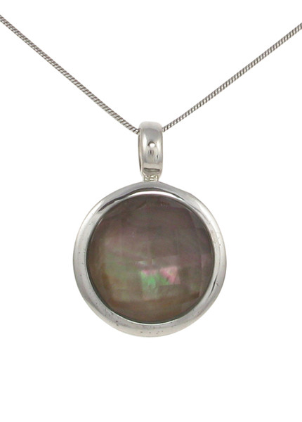Sterling Silver, Dark Mother of Pearl and Crystal Round Pendant with 16 - 18" Silver Chain