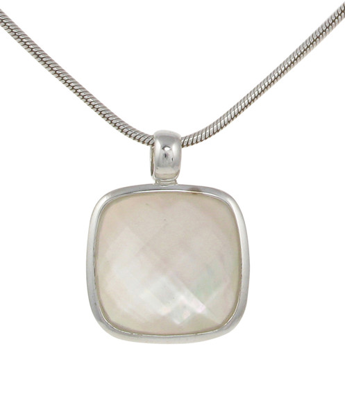 Sterling Silver, White Mother of Pearl and Crystal Square Pendant with 18 - 20" Silver Chain