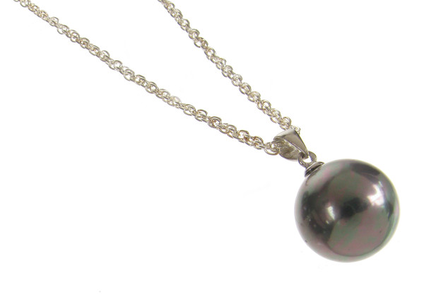 Sterling Silver and Black Shell Pearl Ball Pendant with 16 - 18" Silver Chain