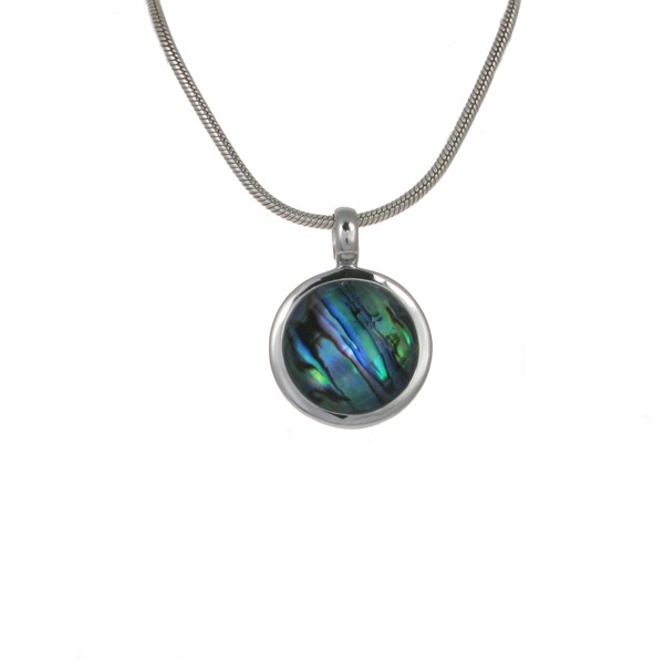 Crystal Topped Abalone Round Pendant with 16 - 18" Silver Chain
